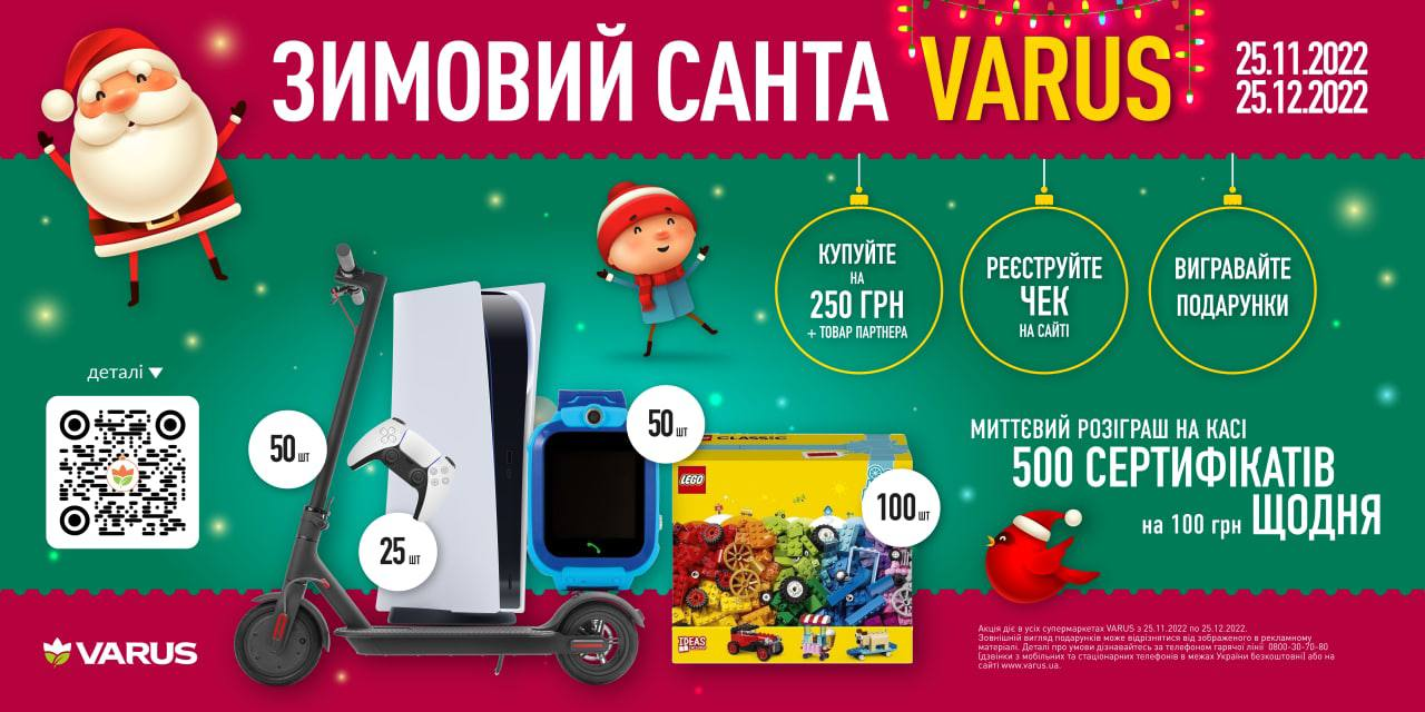 500 сертифікатів по 100 грн щодня, самокати та PlayStation 5: Varus анонсував новорічні подарунки за покупки