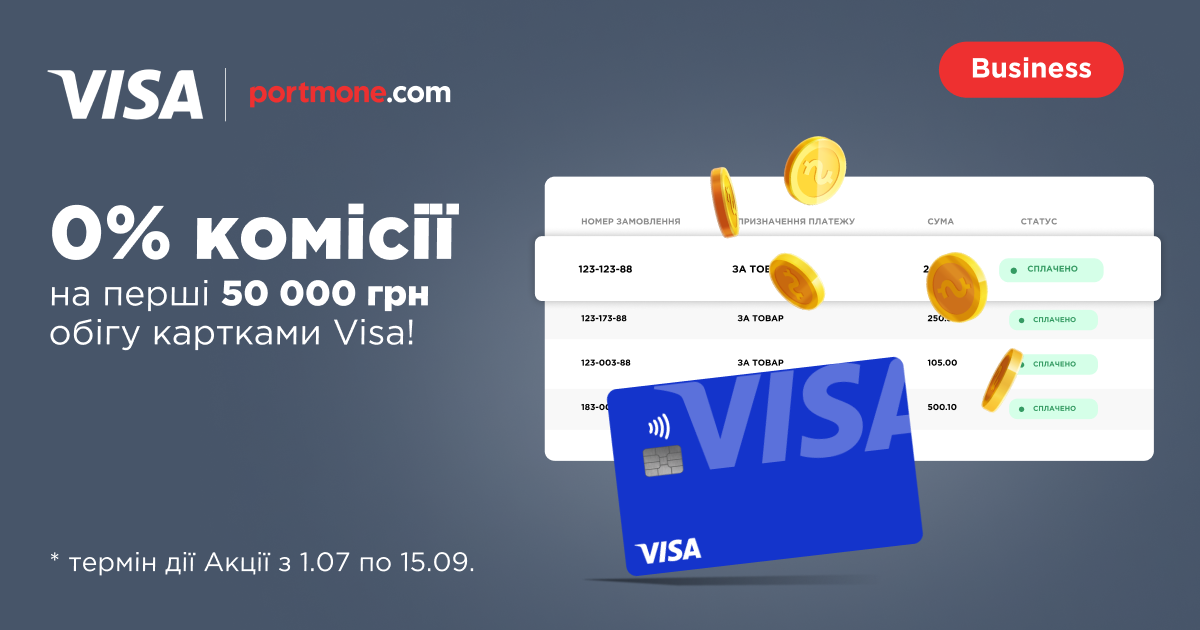 Комісія 0% на перші 50 000 грн обігу за картками Visa: акція для нових бізнес-партнерів Portmone