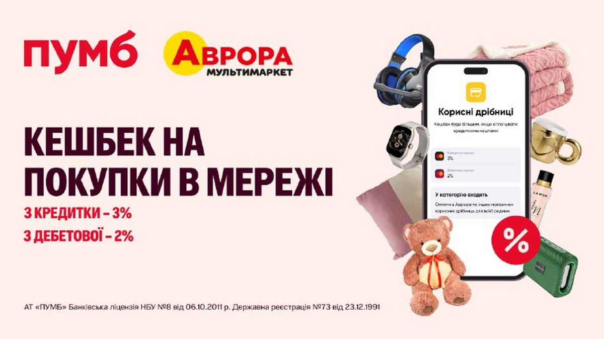 Подвійна вигода: ПУМБ повертає 3% за покупки в Аврора